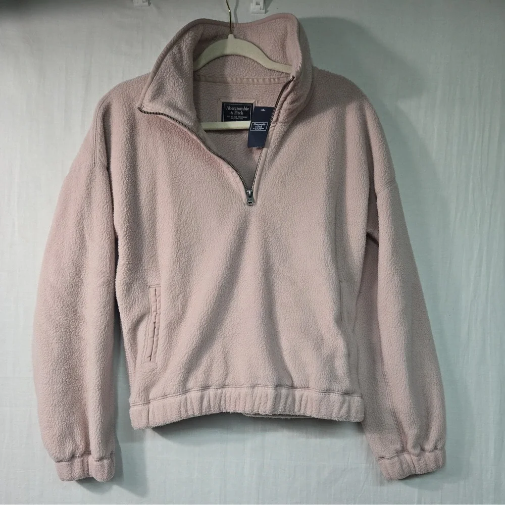 NWT Abercrombie Fitch 1/4 Zip Sherpa Cropped Pullover Women's S Pink Mock Neck